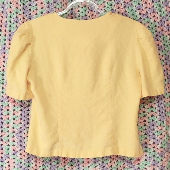Vintage 80s Good Times Yellow Button Up Top w Bows - Picture 2 of 7